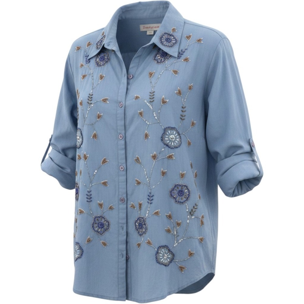 Solitaire‎ by Ravi Khosla Embroidered Beaded Button Down Shirt Blue Small NEW